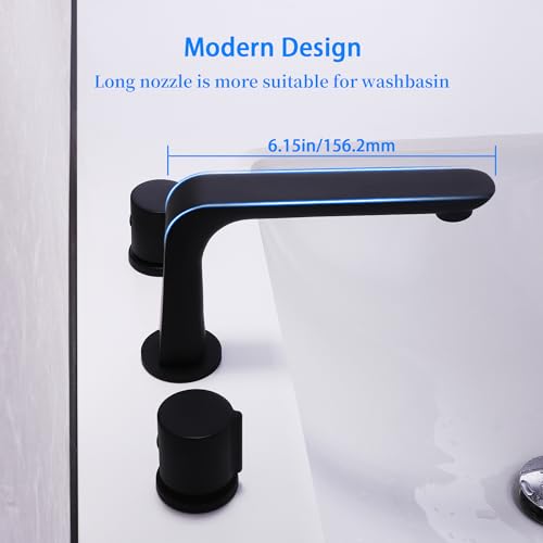 SKOWLL Three Piece Bathroom Faucet 3 Holes Vanity Faucet Deck Mount Bath Faucet Widespread Restroom Sink Faucet with 360 Swivel Spout, Matte Black - Image 5