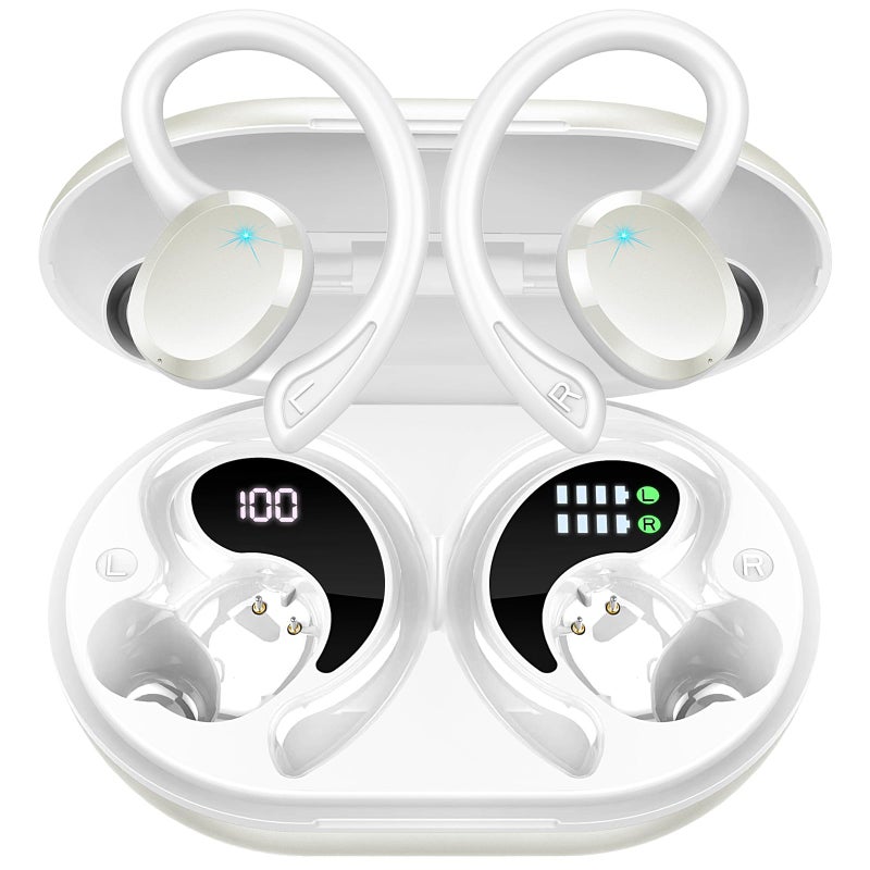 Rulefiss Wireless Earbuds Bluetooth Headphones, Bluetooth 5.3 Earbuds Sport Immersive HiFi Stereo Ear Buds, 48Hrs Earphones in Ear with Earhooks, HD Mic, IP7 Waterproof White Headset for Workout Running [2023] - Image 1