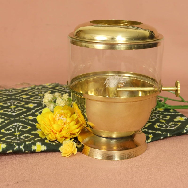 Spillbox Traditional Brass Glass Akhand Diya with Adjustable Batti Oil lamp for Home and Pooja Articles Akhand Jyothi Size 5
