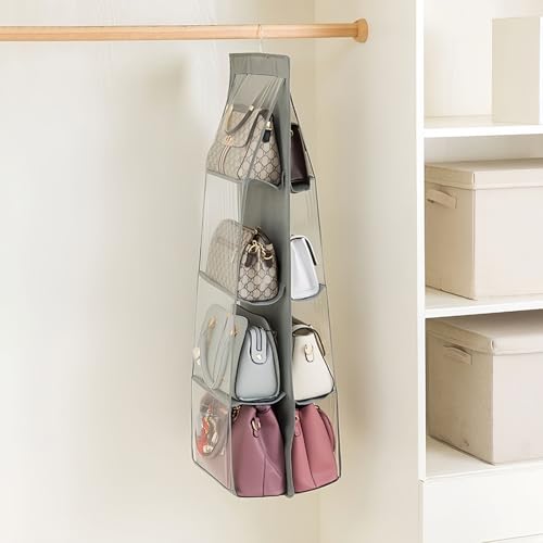 HAN SHENG 8 Pockets Clear Handbag & Purse Organizer Hanging Bag Storage - Space Saving Hanging Shelf for Closet, Wardrobe, Over Door (2 Pack, Grey) - Image 4
