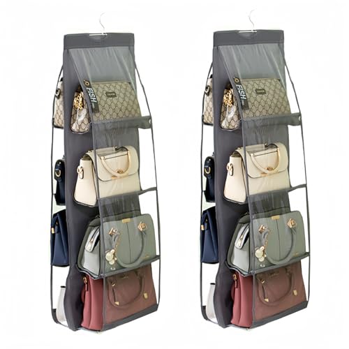 HAN SHENG 8 Pockets Clear Handbag & Purse Organizer Hanging Bag Storage - Space Saving Hanging Shelf for Closet, Wardrobe, Over Door (2 Pack, Grey) - Image 1