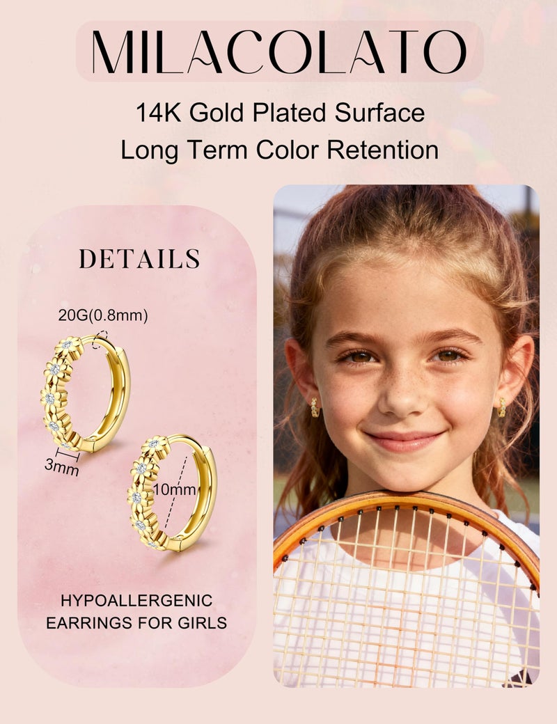 MILACOLATO 14K Gold Plated Hypoallergenic Earrings 316L Surgical Stainless Steel Cute Pearl Flower Butterfly Heart Strawberry Rainbow Flat Back Earrings Small Daisy Huggie Hoop Earrings Set for Sensitive Ears White - Image 3