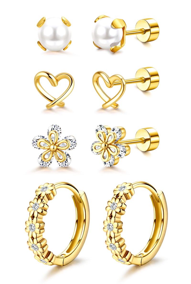MILACOLATO 14K Gold Plated Hypoallergenic Earrings 316L Surgical Stainless Steel Cute Pearl Flower Butterfly Heart Strawberry Rainbow Flat Back Earrings Small Daisy Huggie Hoop Earrings Set for Sensitive Ears White - Image 1