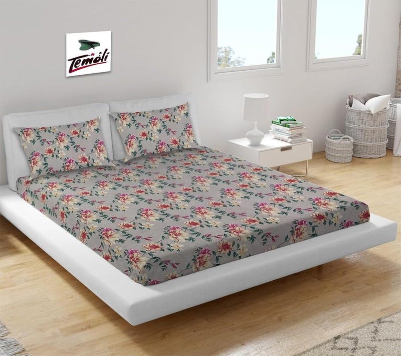 Temoli Cotton Feel All Around Elastic Fitted Bedsheets King Size, Premium Fitted Bedsheets King Size for Double Bed with 2 Pillow Covers Flower & Beige - Image 1