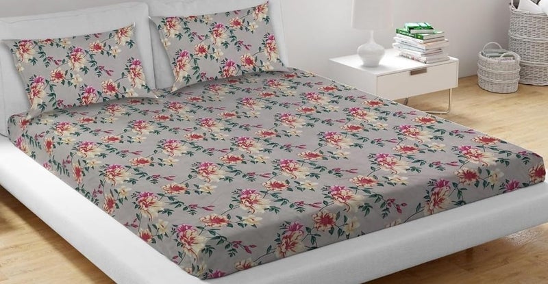 Temoli Cotton Feel All Around Elastic Fitted Bedsheets King Size, Premium Fitted Bedsheets King Size for Double Bed with 2 Pillow Covers Flower & Beige - Image 2