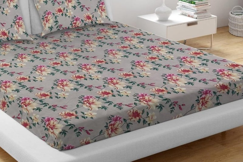 Temoli Cotton Feel All Around Elastic Fitted Bedsheets King Size, Premium Fitted Bedsheets King Size for Double Bed with 2 Pillow Covers Flower & Beige - Image 3