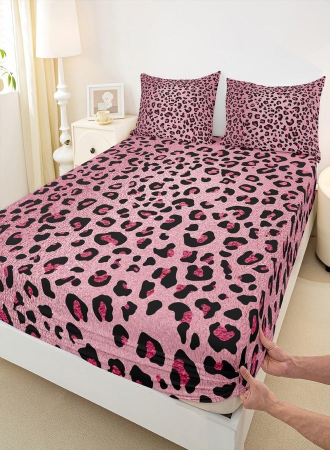 Homewish Pink Leopard Print Sheet Set Full,Cheetah Bedding Set for Kids Teens Girls,Wild Animal Skin Texture Romantic Fashion Bed Sheet Set 4pcs with Deep Pocket Fitted Sheet + Flat Sheet + 2 Pillowcases - Image 4