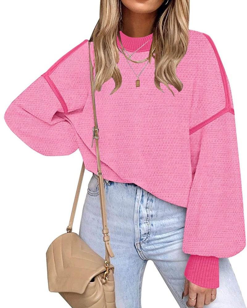 Disamer Fall Clothes for Women 2026 Trendy Fashion Oversized Sweaters Color Block Long Sleeve Knited Pullover Tops Winter Outfits,Pink,X-Large - Image 1