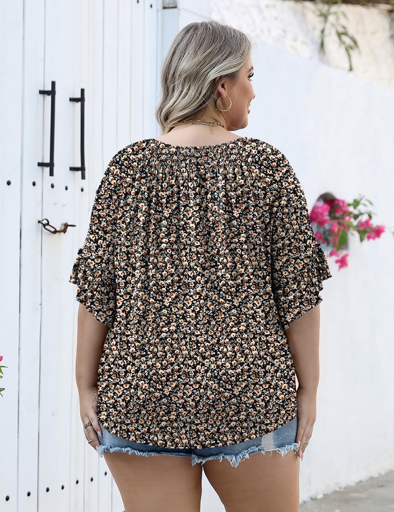 Micoson Women's Plus-Size Fashion 2025 Trendy Womens 3/4 Sleeve Tops and Blouses Ruffle Bell Sleeve Pleated Dressy Casual Tops Black Floral - Image 2