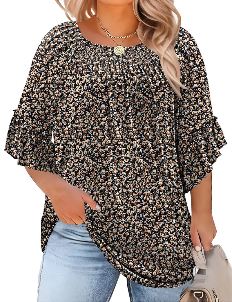Micoson Women's Plus-Size Fashion 2025 Trendy Womens 3/4 Sleeve Tops and Blouses Ruffle Bell Sleeve Pleated Dressy Casual Tops Black Floral - Image 1