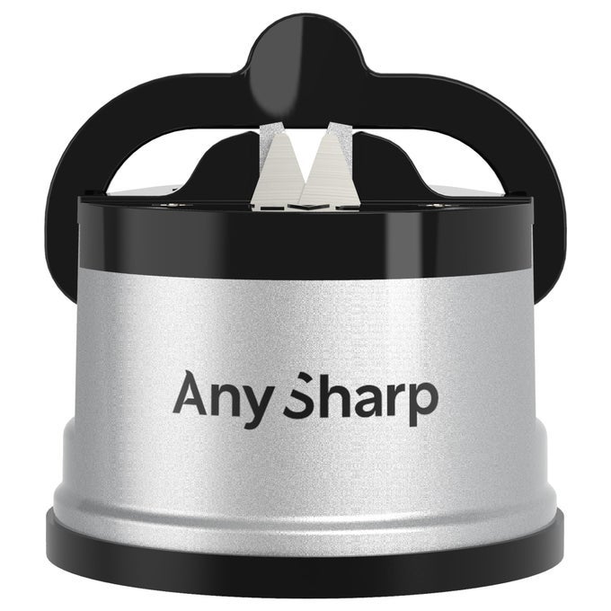 GLOBAL HANDS FREE KNIFE SHARPENER EASY TO USE SHARPENING TOOL WITH POWERGRIP SUCTION BASE AND 20DEGREE PRESET ANGLE FOR ALL KNIVES CHEFS SERRATED AND HARDENED STEEL SILVER