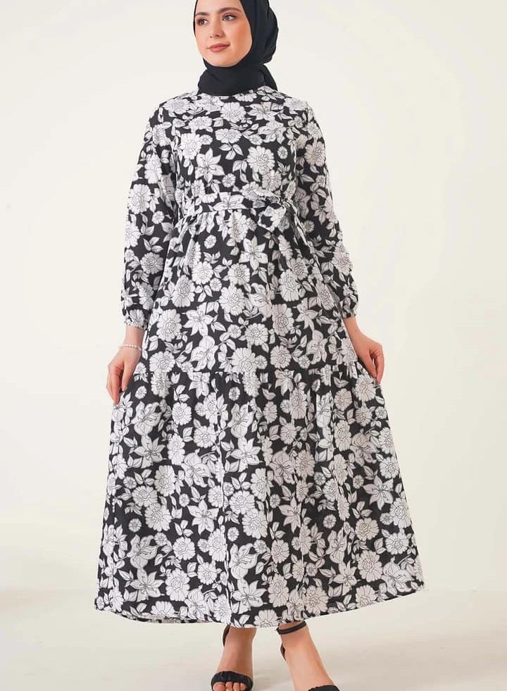 Cotton printed long dress,comfortable to wear, Black and white floral  - Image 1