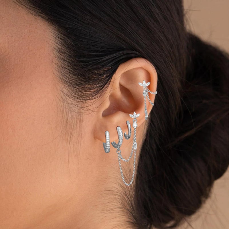 ShineRose 6PCS Earring Stacks Cartilage Chain Helix Piercing Sets For Women Flat Back Multiple Piercing Dangle Huggie Hoop Stackable Jewelry (White, Silver-Butterfly) - Image 5
