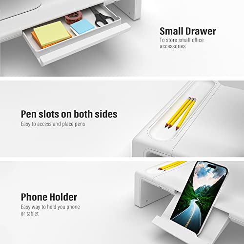OImaster Monitor Stand Riser, Foldable Computer Monitor Riser, Adjustable Length Computer Stand and Storage Drawer & Pen Slot, Phone Stand Compatible Computer, Desktop, Laptop, Save Space (White) - Image 2