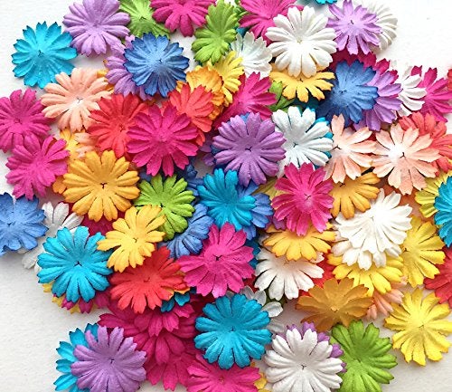 ICRAFY 100 Assorted Daisy Flower Mulberry Paper Rainbow Color Die Cut 100 Pcs Size 1 Rainbow Tone