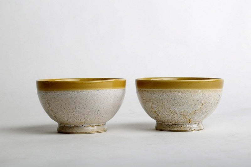Caffeine Ceramic Handmade Cream Yellow Crackle Nut Serving Bowl Set of 2 - Image 1