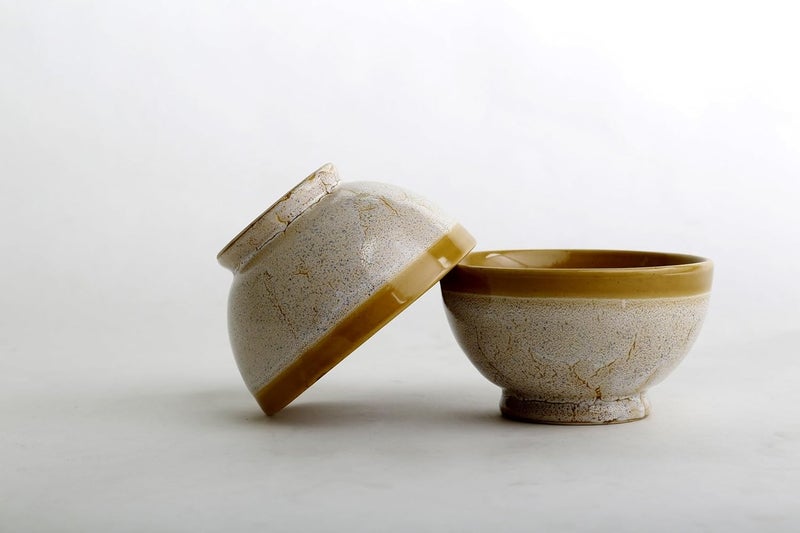 Caffeine Ceramic Handmade Cream Yellow Crackle Nut Serving Bowl Set of 2 - Image 2