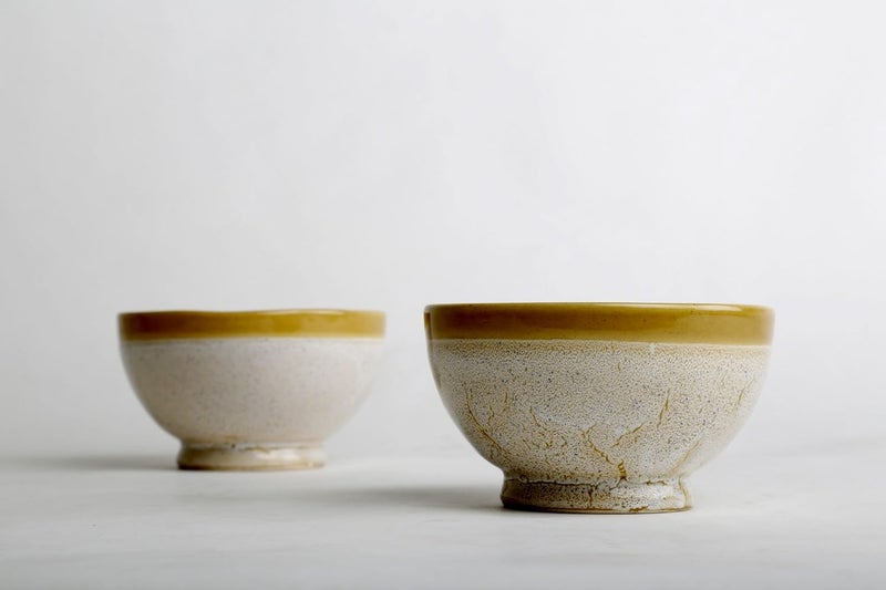 Caffeine Ceramic Handmade Cream Yellow Crackle Nut Serving Bowl Set of 2 - Image 3