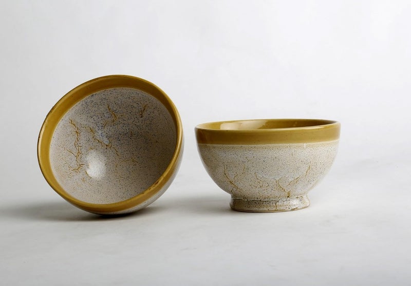 Caffeine Ceramic Handmade Cream Yellow Crackle Nut Serving Bowl Set of 2 - Image 4