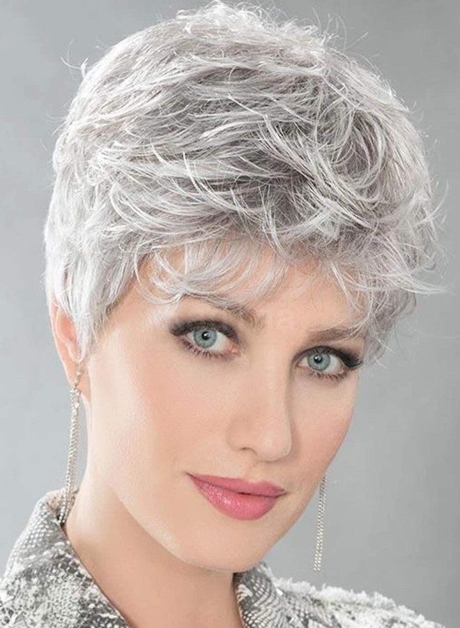 SEVENCOLORS Short Grey Silver Wigs for White Women Natural Layered Pixie Cut Wigs with Bangs Synthetic Short Gray Hair Wig for Older Women - Image 1