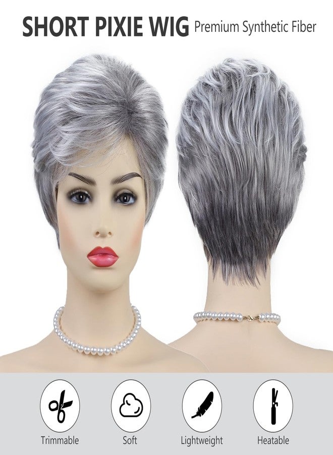 SEVENCOLORS Short Grey Silver Wigs for White Women Natural Layered Pixie Cut Wigs with Bangs Synthetic Short Gray Hair Wig for Older Women - Image 3