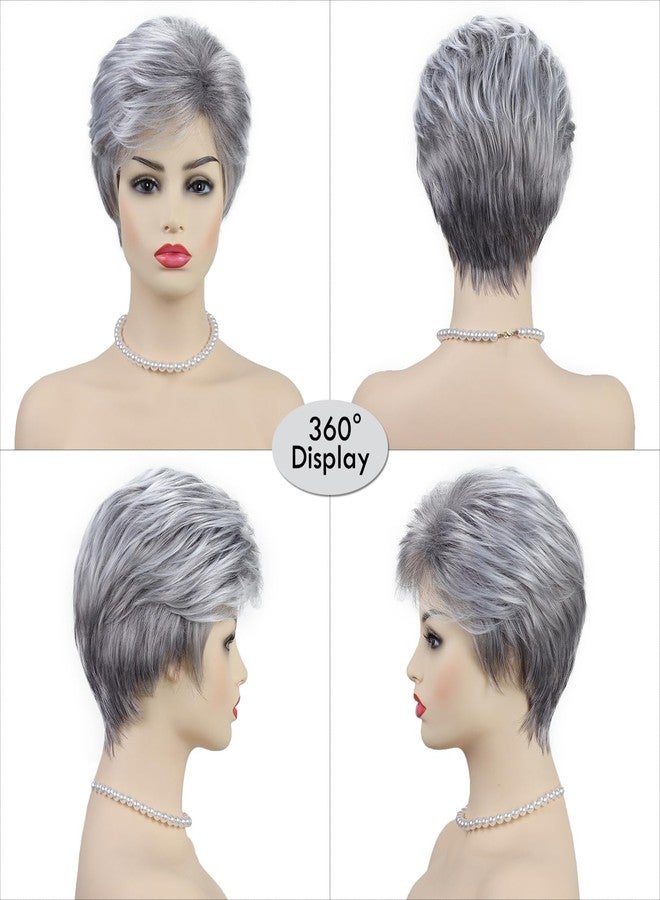 SEVENCOLORS Short Grey Silver Wigs for White Women Natural Layered Pixie Cut Wigs with Bangs Synthetic Short Gray Hair Wig for Older Women - Image 5