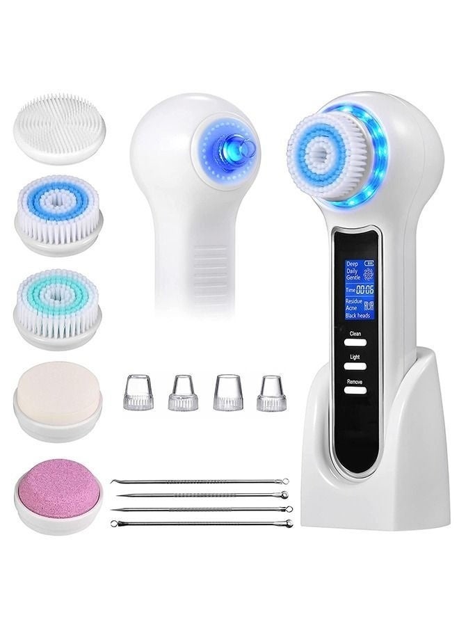 Face Scrubber Exfoliator,Facial Cleansing Brush Waterproof with LCD Screen,Blackhead Remover Vacuum with 5 Brush Heads,Face Spin Brush for Exfoliating (White+Black) - Image 1