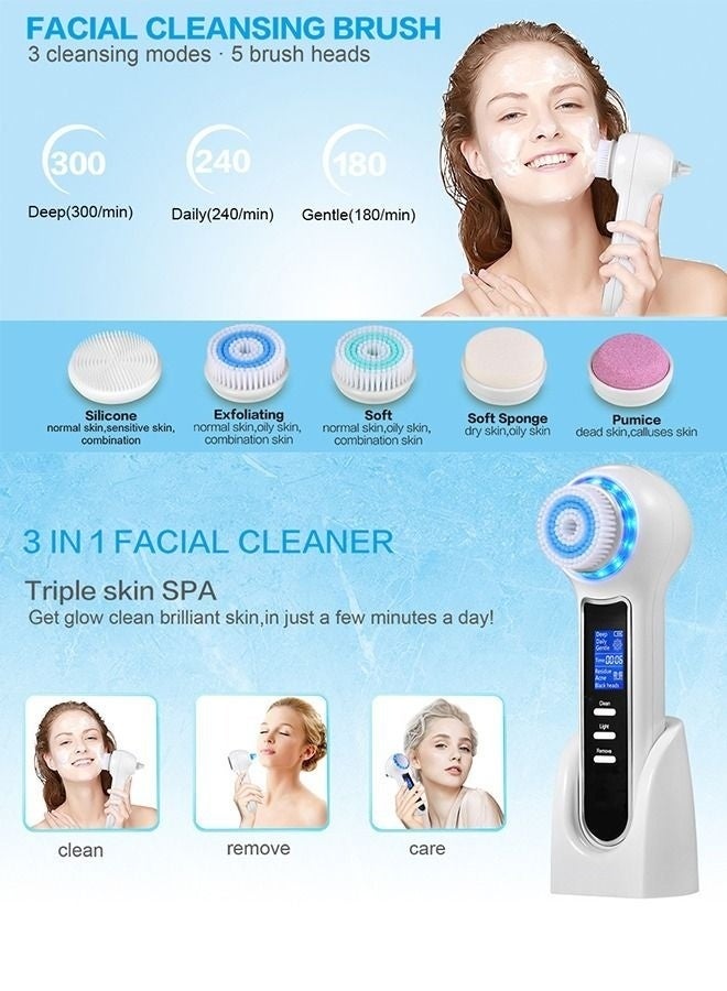 Face Scrubber Exfoliator,Facial Cleansing Brush Waterproof with LCD Screen,Blackhead Remover Vacuum with 5 Brush Heads,Face Spin Brush for Exfoliating (White+Black) - Image 2