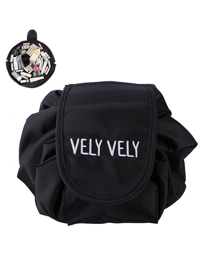 vely vely Lazy Drawstring Makeup Bags, Cosmetic Drawstring Bag, Large Capacity Waterproof Travel Portable Cosmetic Bag Pouch Makeup Pouch Storage Organiser for Women Girl (Black) - Image 1