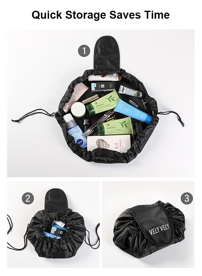 vely vely Lazy Drawstring Makeup Bags, Cosmetic Drawstring Bag, Large Capacity Waterproof Travel Portable Cosmetic Bag Pouch Makeup Pouch Storage Organiser for Women Girl (Black) - Image 3