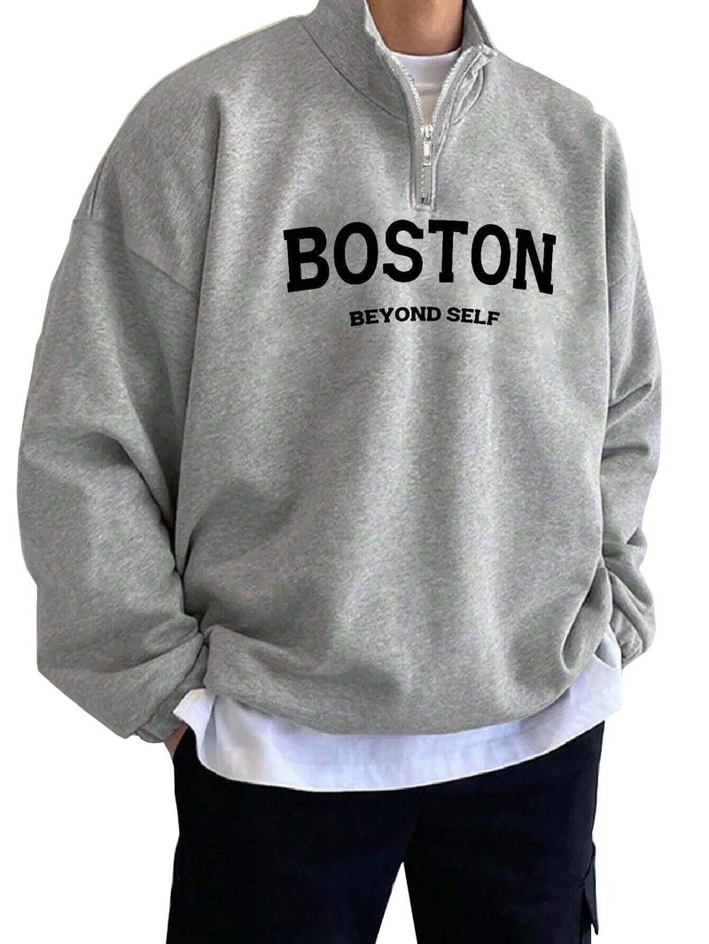 SXV STYLE Boston Printed Half Zipper Collared Sweatshirt for Men (in, Alpha, L, Regular, Grey) - Image 1