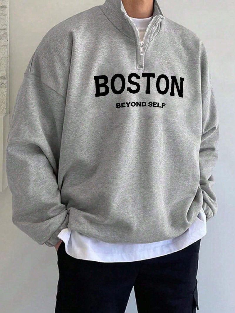 SXV STYLE Boston Printed Half Zipper Collared Sweatshirt for Men (in, Alpha, L, Regular, Grey) - Image 2