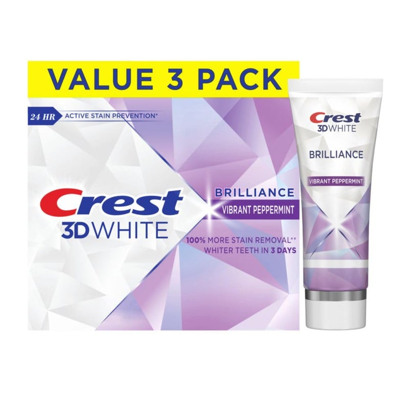 Crest 3D White Brilliance Vibrant Peppermint Teeth Whitening Toothpaste, 4.6 oz Pack of 3, Anticavity Fluoride Toothpaste, 100% More Surface Stain Removal, 24 Hour Active Stain Prevention - Image 1