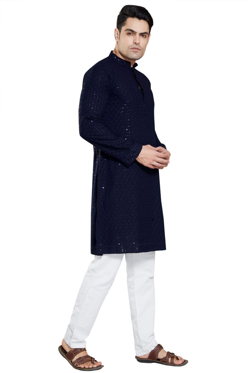 DIVISIVE Men's Sequince Embroidered Cotton Blend Slim Fit Kurta Pyjama Set (DKRT39_M_Navy Blue) - Image 2