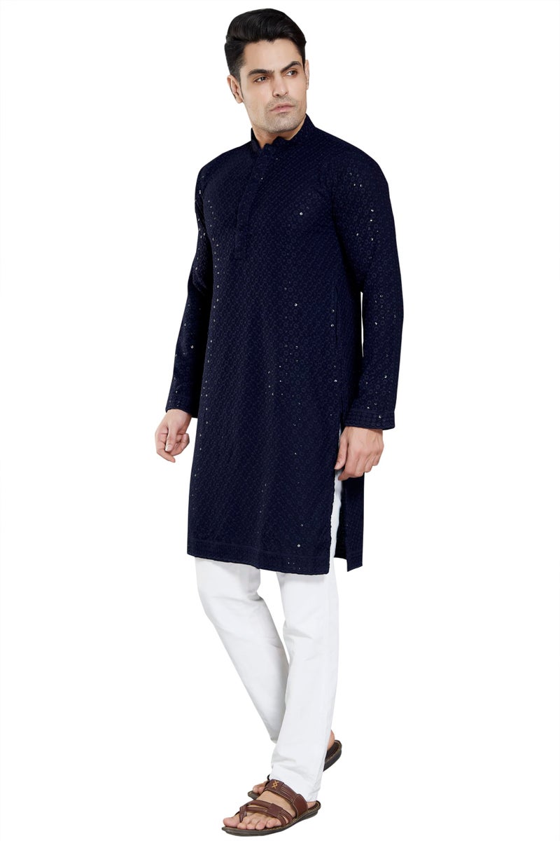 DIVISIVE Men's Sequince Embroidered Cotton Blend Slim Fit Kurta Pyjama Set (DKRT39_M_Navy Blue) - Image 3