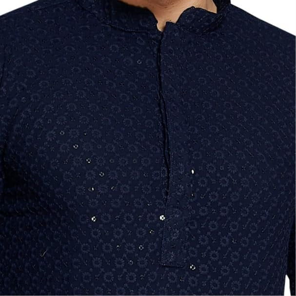 DIVISIVE Men's Sequince Embroidered Cotton Blend Slim Fit Kurta Pyjama Set (DKRT39_M_Navy Blue) - Image 5