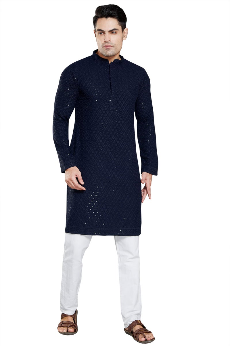 DIVISIVE Men's Sequince Embroidered Cotton Blend Slim Fit Kurta Pyjama Set (DKRT39_M_Navy Blue) - Image 1