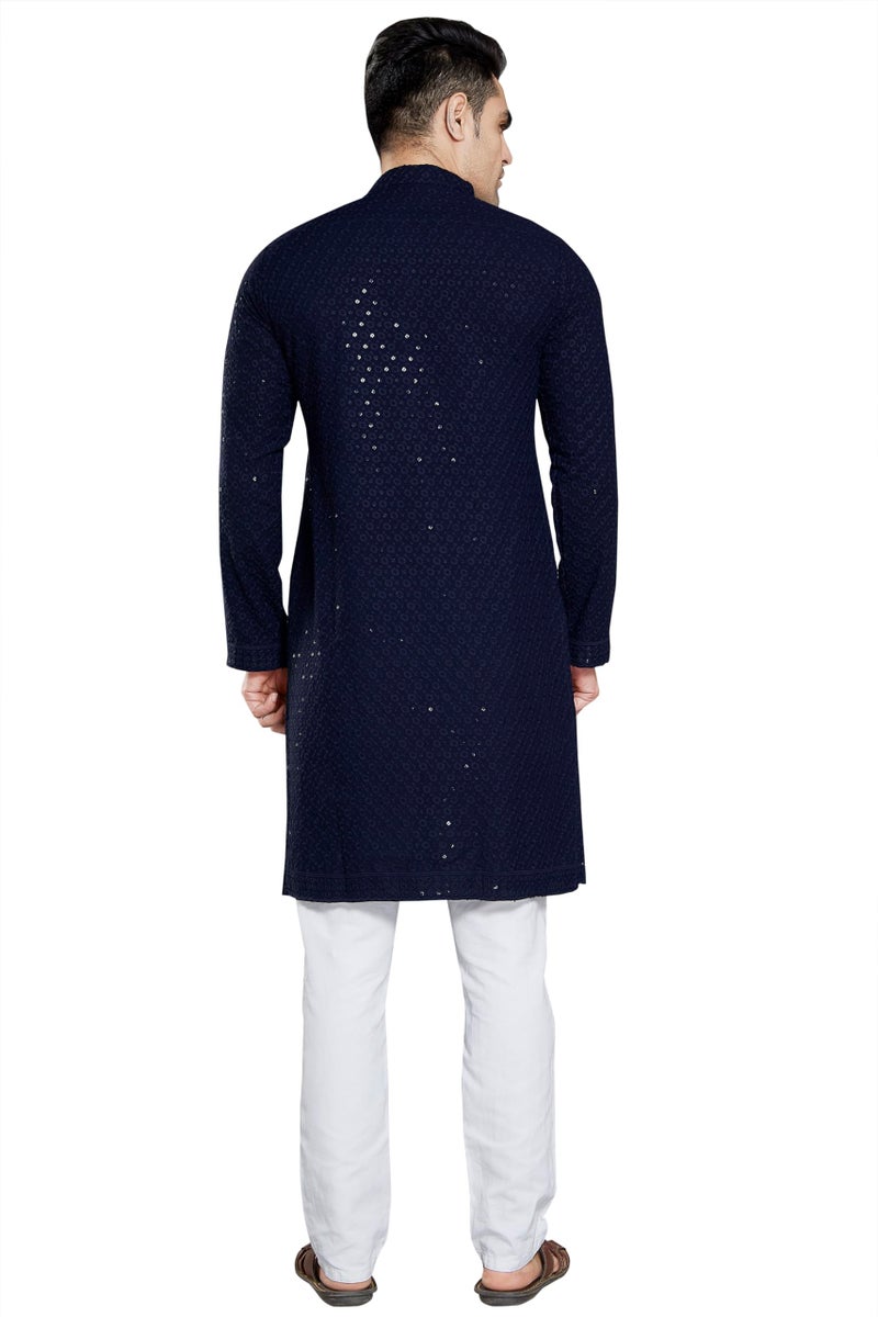 DIVISIVE Men's Sequince Embroidered Cotton Blend Slim Fit Kurta Pyjama Set (DKRT39_M_Navy Blue) - Image 4