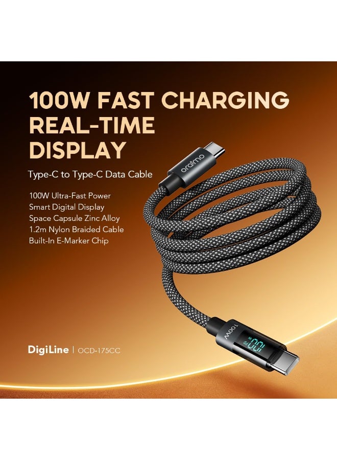 Oraimo OCD-175CC 100W USB-C to USB-C Fast Charging Cable-1.2M 5A High-Current Power Delivery&High-Speed Data Sync for USB-C Devices Durable Nylon Braided Design with Reinforced Connectors-Sleek Black Silver - Image 3