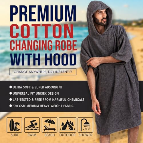 ALLEN & MATE 100% Cotton Hooded Surf Poncho Changing Robe - Quick Absorbent Changing Towel with Pocket for Surfing Men Women - Image 2