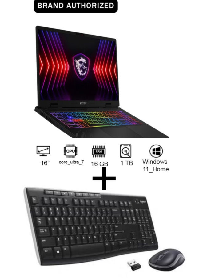إم اس أي لابتوب CROSSHAIR 16 HX AI D2XWFKG بشاشة 16 بوصة QHD / معالج Intel Core Ultra 7 155H / ذاكرة تخزين 16 جيجابايت / قرص SSD بسعة 1 تيرابايت / بطاقة رسومات NVIDIA GeForce RTX 5060 / مع لوحة مفاتيح وماوس لاسلكيين Logitech Mk270 الإنجليزية/العربية كوزموس غراي - Image 1