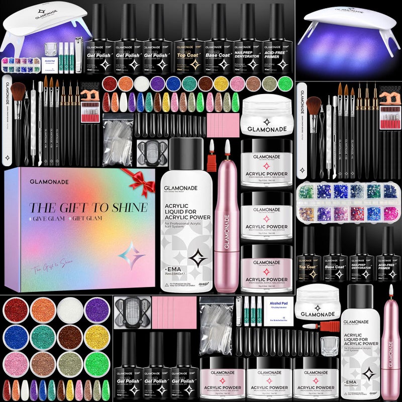 Glamonade Acrylic Nail Kit for Beginners: Professional Nail Set with Drill Acrylic Powder Gel Polish Nail Stamp for Home Starter Practice & DIY Manicure - Image 1