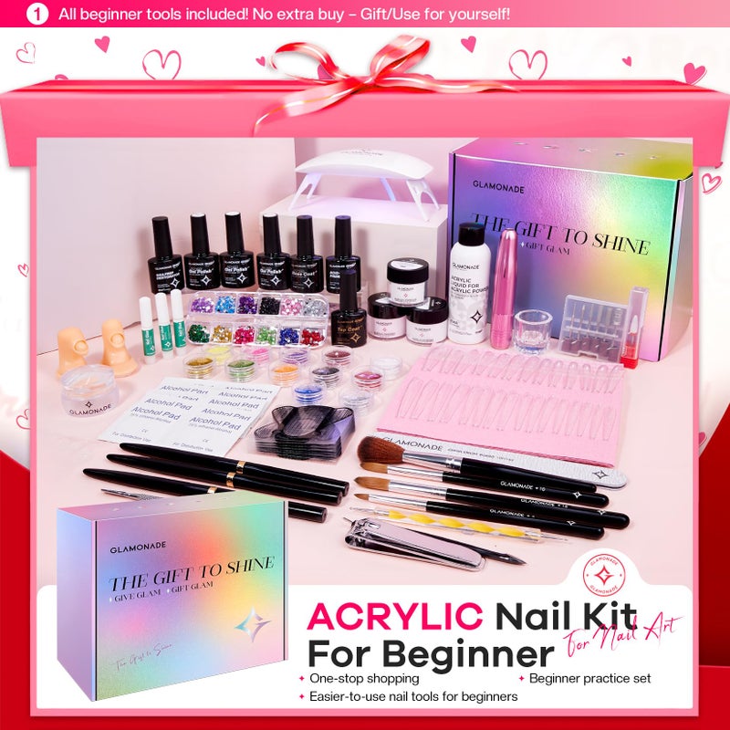 Glamonade Acrylic Nail Kit for Beginners: Professional Nail Set with Drill Acrylic Powder Gel Polish Nail Stamp for Home Starter Practice & DIY Manicure - Image 2