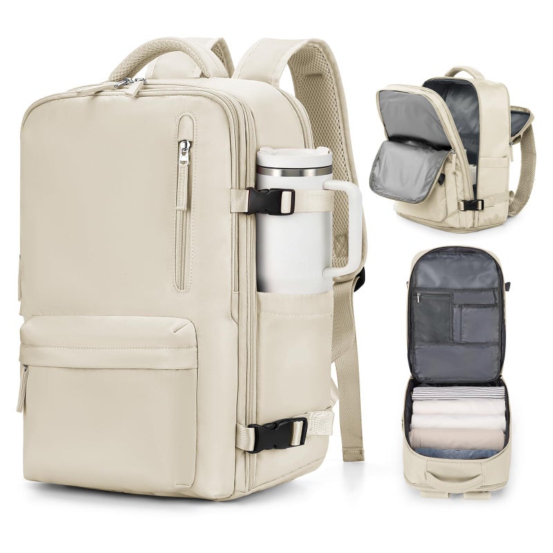VGCUB Large Travel Work Business Backpack Carry on flight Approved 17 Inch Laptop Backpack for Women Men with Laptop Compartment Mochila de Viaje,Beige - Image 1
