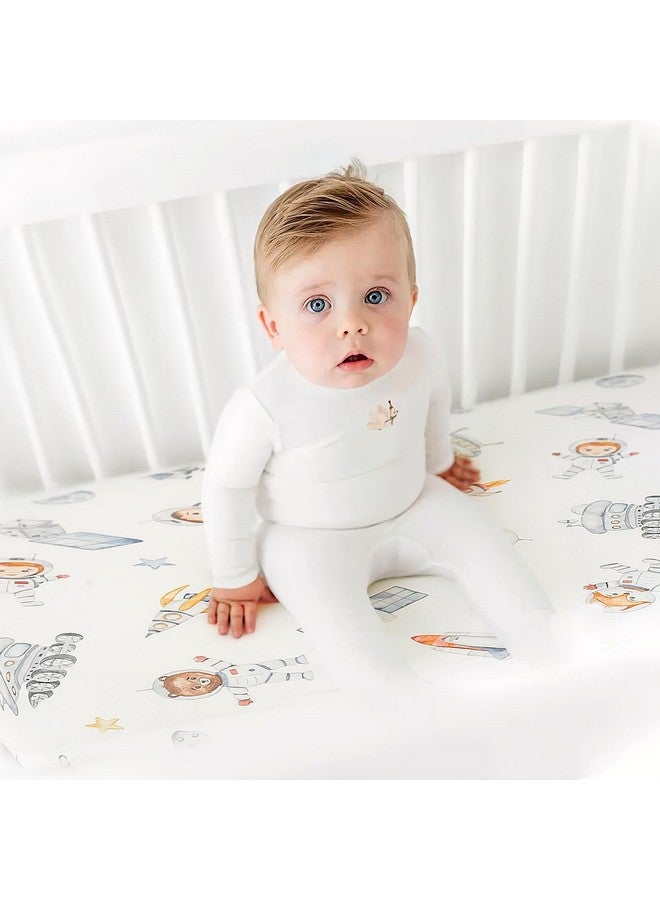 GRSSDER Stretchy Ultra Soft Jersey Knit Fitted Pack n Play Sheets Set 2 Pack, Portable/Mini Crib Sheets for Girls, Universal Fit for Pack N Plays Safe and Snug, Cute Sea Fish & Space Print - Image 3