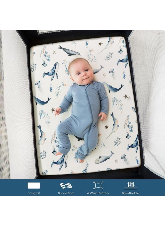 GRSSDER Stretchy Ultra Soft Jersey Knit Fitted Pack n Play Sheets Set 2 Pack, Portable/Mini Crib Sheets for Girls, Universal Fit for Pack N Plays Safe and Snug, Cute Sea Fish & Space Print - Image 5