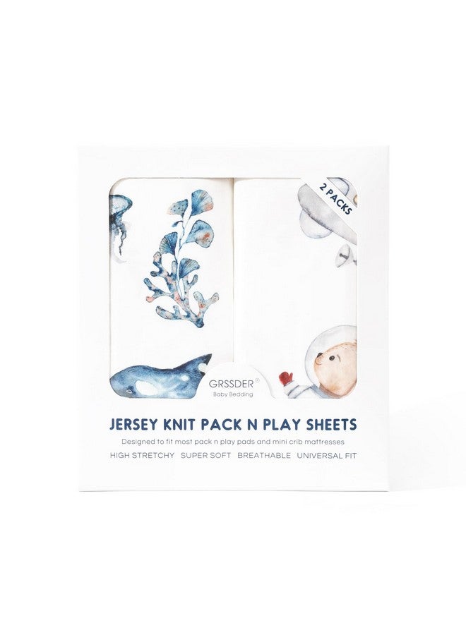 GRSSDER Stretchy Ultra Soft Jersey Knit Fitted Pack n Play Sheets Set 2 Pack, Portable/Mini Crib Sheets for Girls, Universal Fit for Pack N Plays Safe and Snug, Cute Sea Fish & Space Print - Image 4