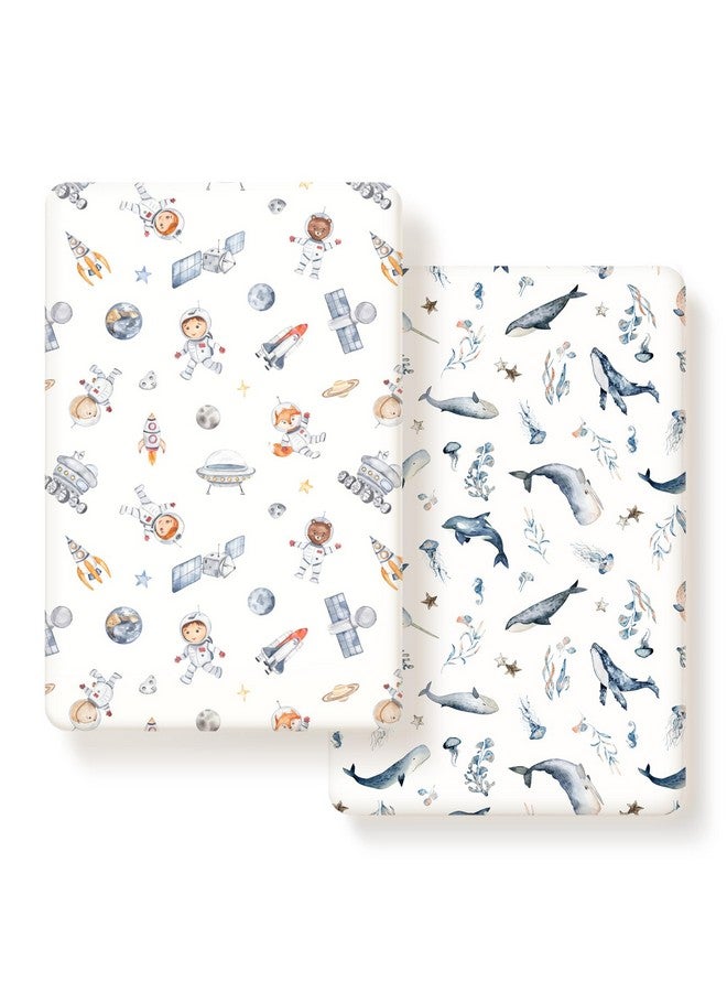 GRSSDER Stretchy Ultra Soft Jersey Knit Fitted Pack n Play Sheets Set 2 Pack, Portable/Mini Crib Sheets for Girls, Universal Fit for Pack N Plays Safe and Snug, Cute Sea Fish & Space Print - Image 1