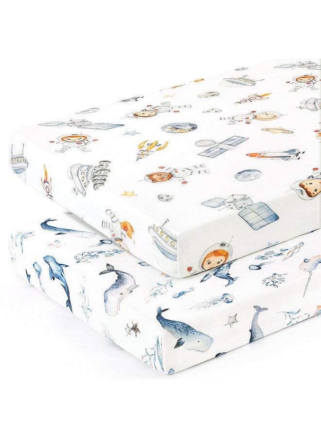 GRSSDER Stretchy Ultra Soft Jersey Knit Fitted Pack n Play Sheets Set 2 Pack, Portable/Mini Crib Sheets for Girls, Universal Fit for Pack N Plays Safe and Snug, Cute Sea Fish & Space Print - Image 2