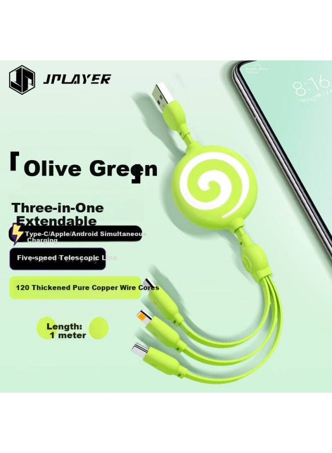 Jplayer In-1 Fast Charging Retractable Charging Cable 100w Pd 10w Phone Cable One Drag Three Usb Multi-function Suitable For Apple Android Huawei Xiaomi Olive Green 1m - Image 1